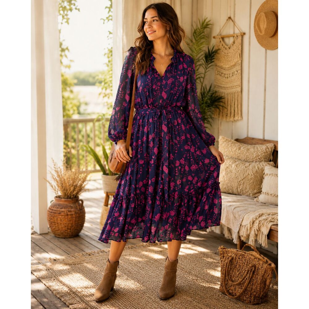 Tommy Hilfiger Floral Midi Dress Size 16 Navy Pink Belted Boho Cottagecore